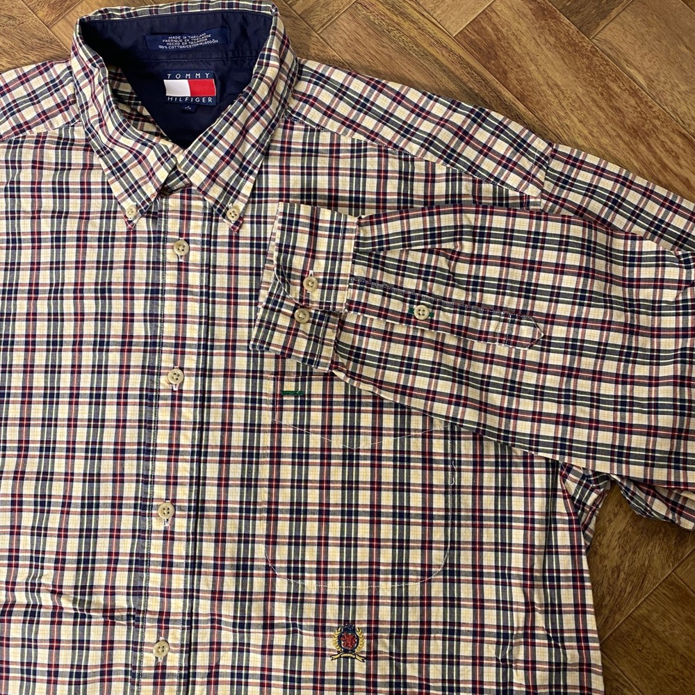 Vintage Tommy Hilfiger Mens Large Plaid Button Down Shirt Long Sleeve Crest Logo